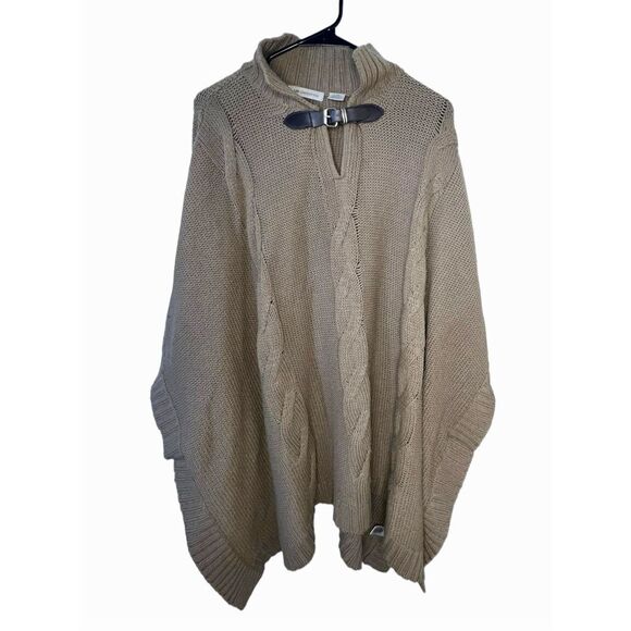 Liz Claiborne Tan Poncho Knit Sweater With Collar On Neck - Picture 1 of 4